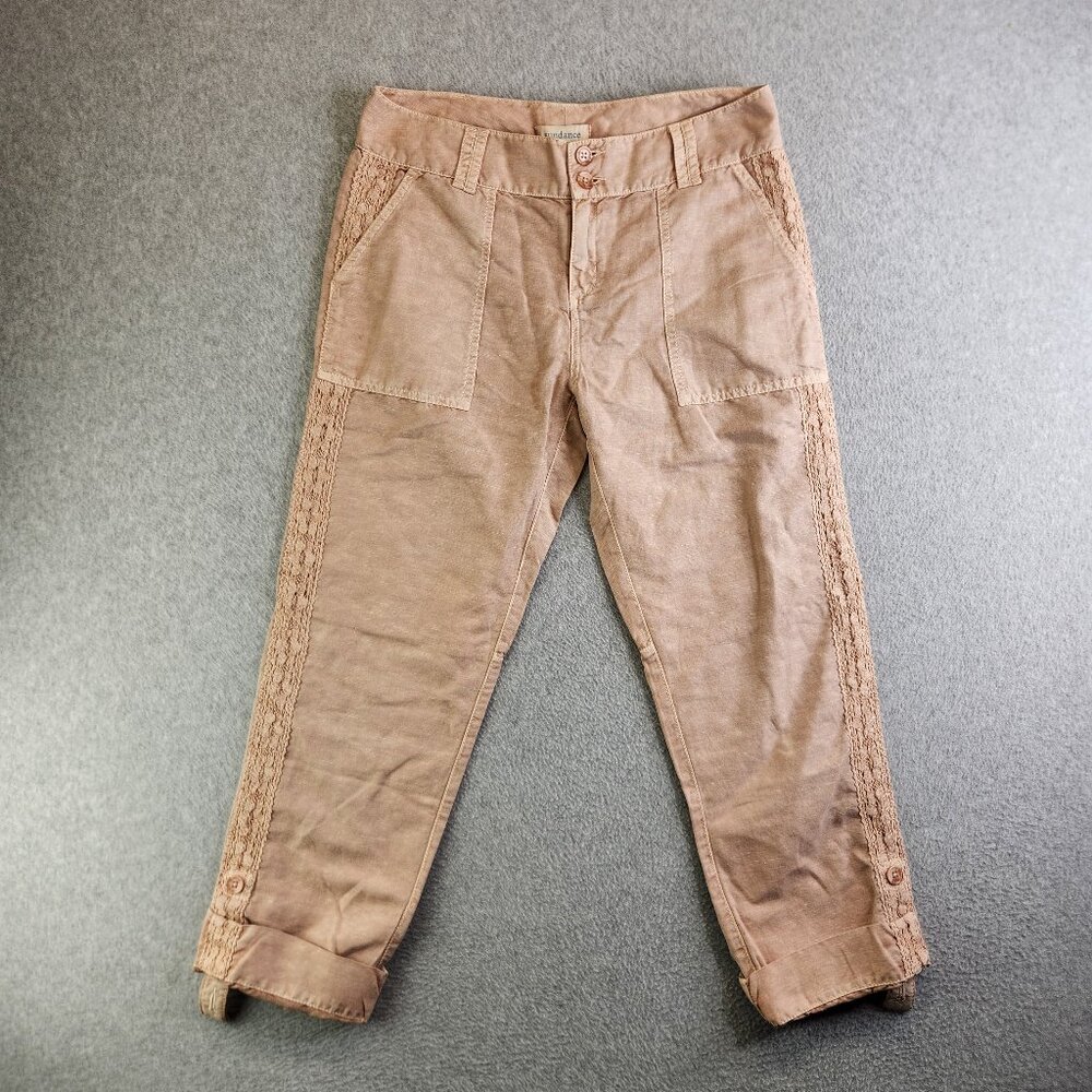 Sundance Pants Womens 8P Pink Linen Blend Roll Tab Cuffs Lace Side Stripe Boho